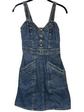 Japna Smocked Denim Mini Dress with Metal Button Front Accent